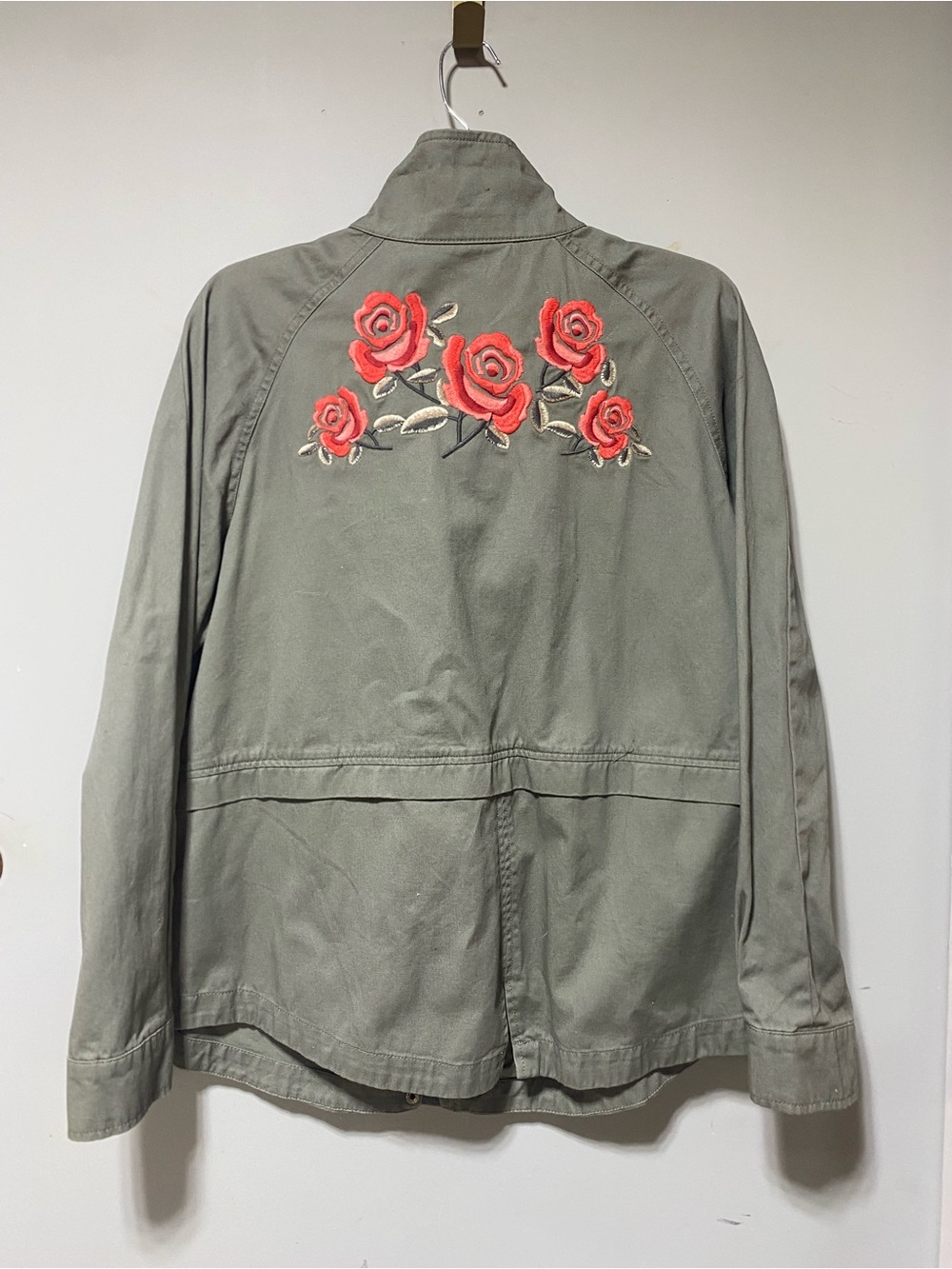 style&co Embroidered Rose Utility Jacket - Olive Green sz L